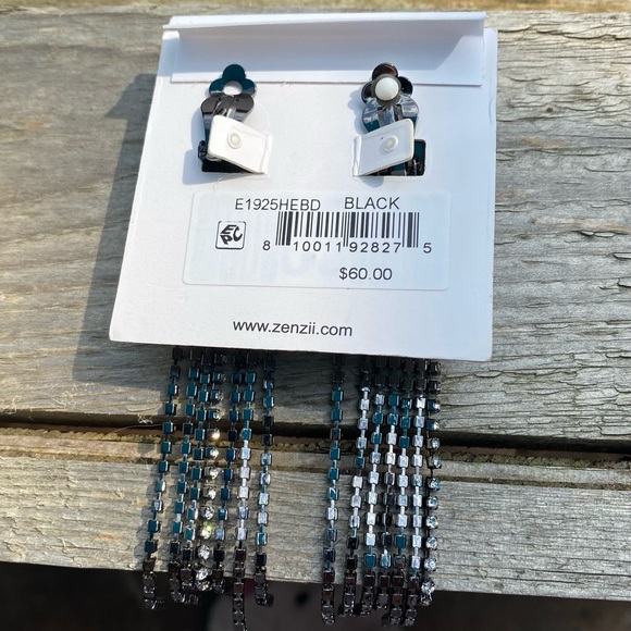 NWT ZENZII BLACK CRYSTAL TASSEL CLIP DROP EARRINGS - Picture 4 of 5